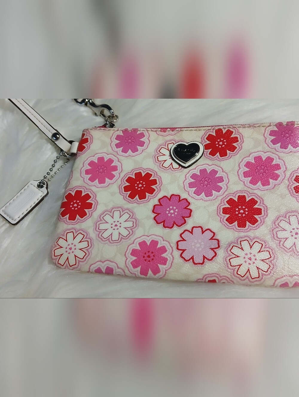 Coach Floral Heart Accent Wristlet in Pink and Red on Cream